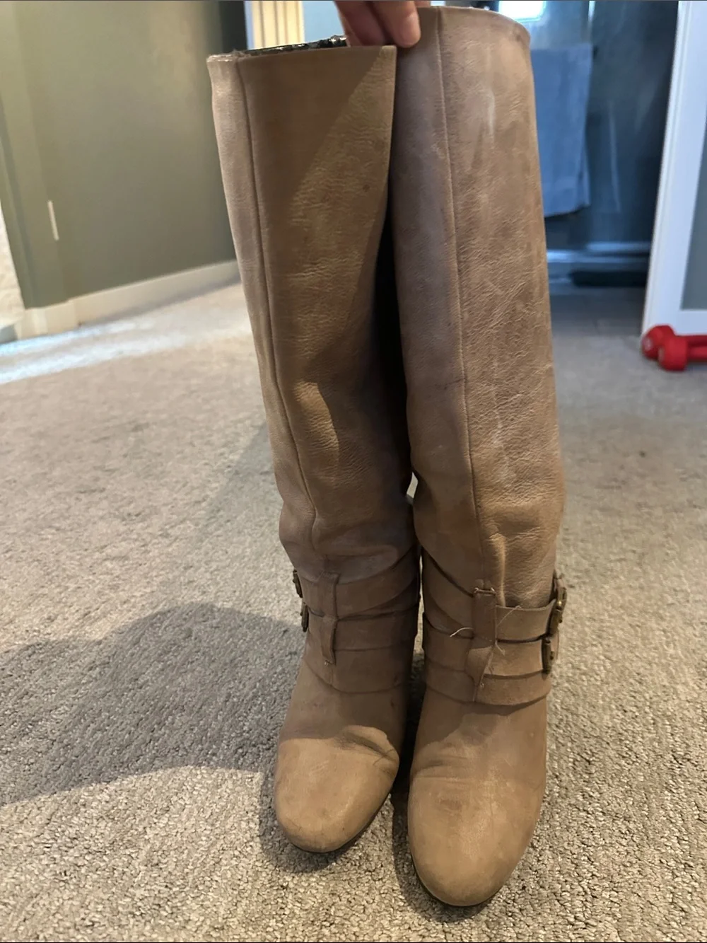Women's Tan Knee-High Buckle Boots